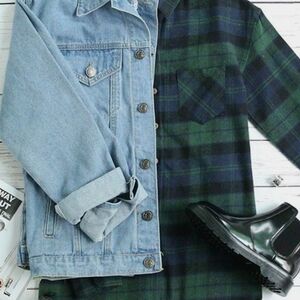 Bright blue and green plaid‎ flannel double button mens medium
